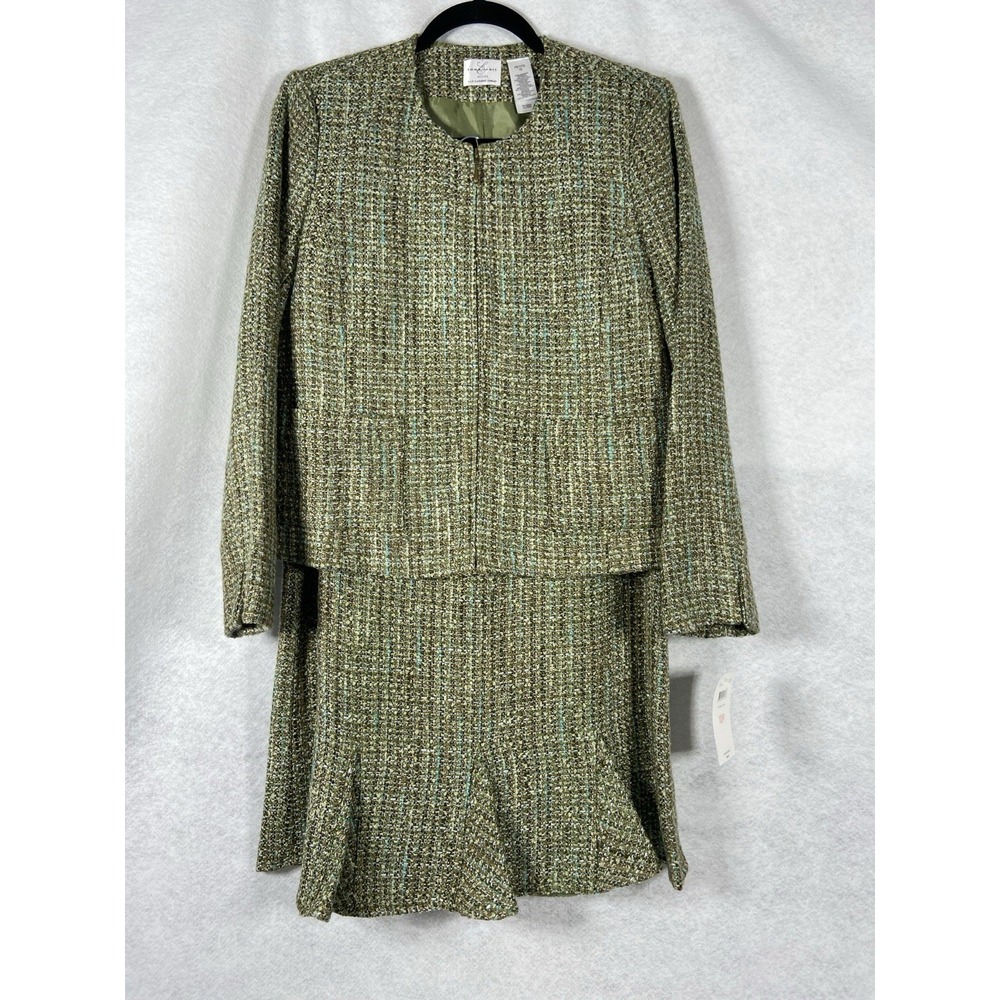 Emma James 2PC Skirt Suit Womens Petite 10P Green Brown Tweed Full Zip Lined New